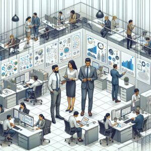 A professional setting with diverse workers discussing health and safety measures, featuring images of workplace environments and analytical visuals.