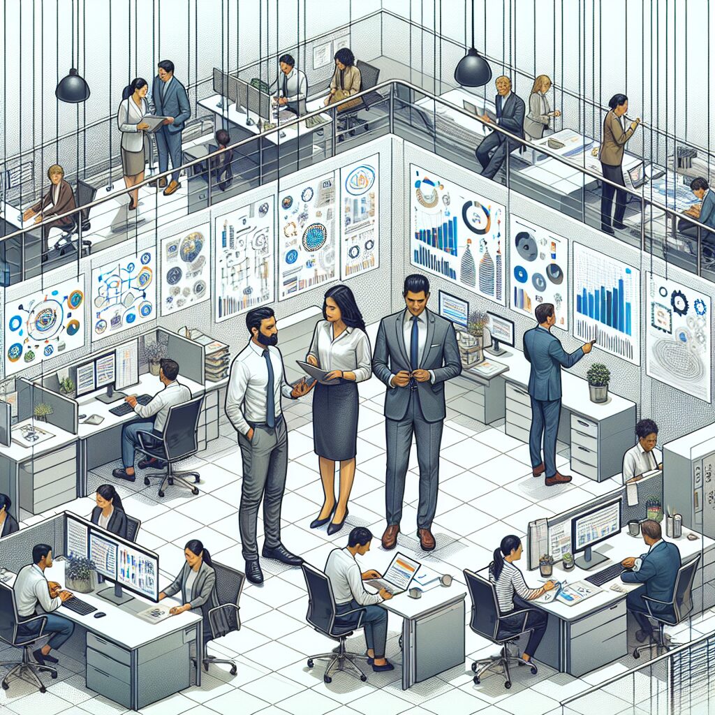 A professional setting with diverse workers discussing health and safety measures, featuring images of workplace environments and analytical visuals.