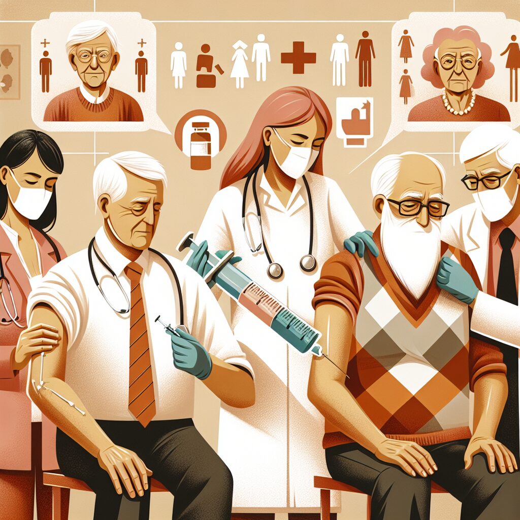 An informative illustration featuring elderly individuals receiving vaccinations, highlighting themes of health, care, and immunization. The scene is warm and educational, with a focus on senior citizens' vaccination awareness and participation.