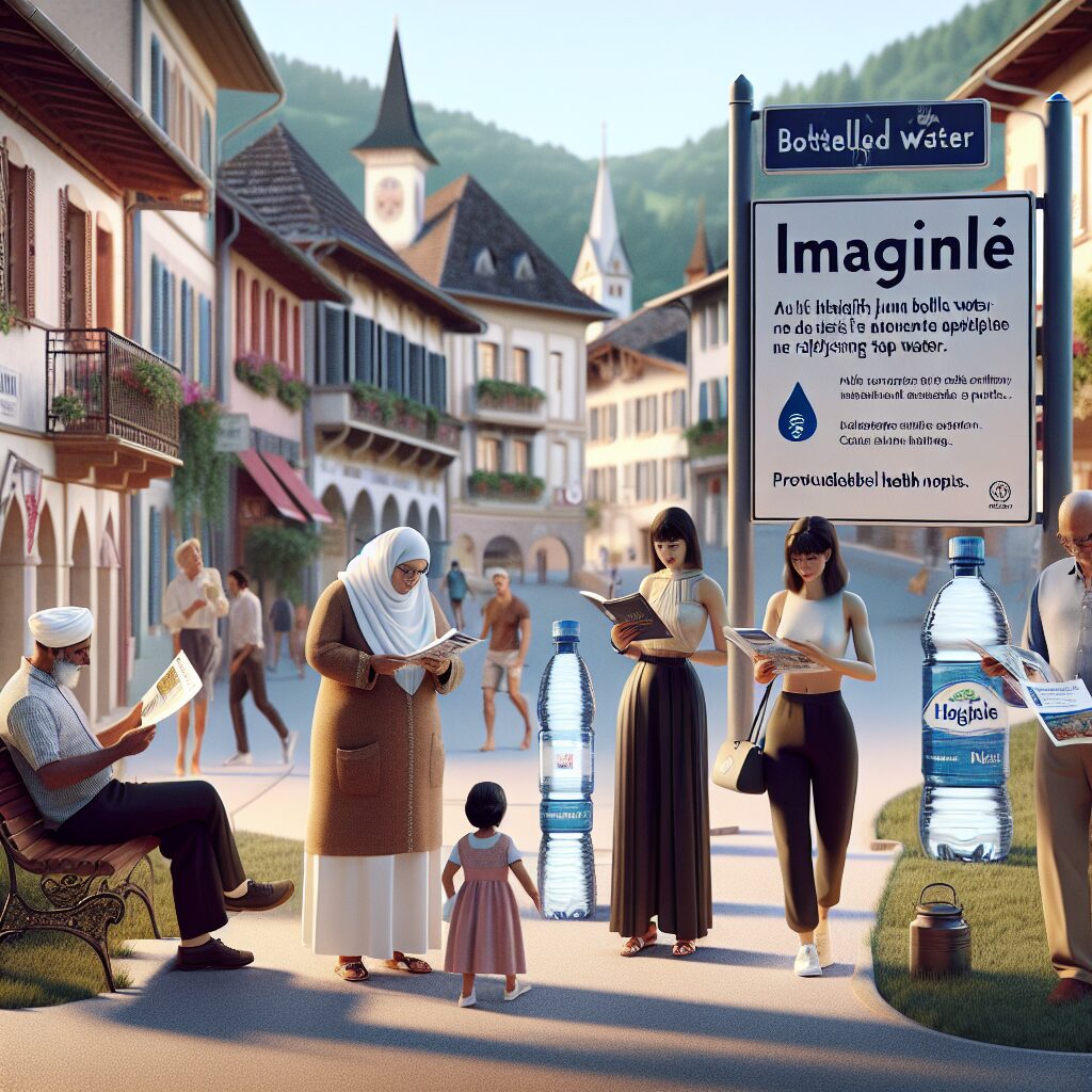 A bustling small town in the Haut-Rhin region with a focus on public health measures. People are seen using bottled water instead of tap water. Nearby signage indicates precautionary health measures and community involvement.