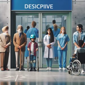 A diverse group of people facing closed hospital doors, symbolizing discrimination in healthcare, with various ages, genders, and ethnic backgrounds.