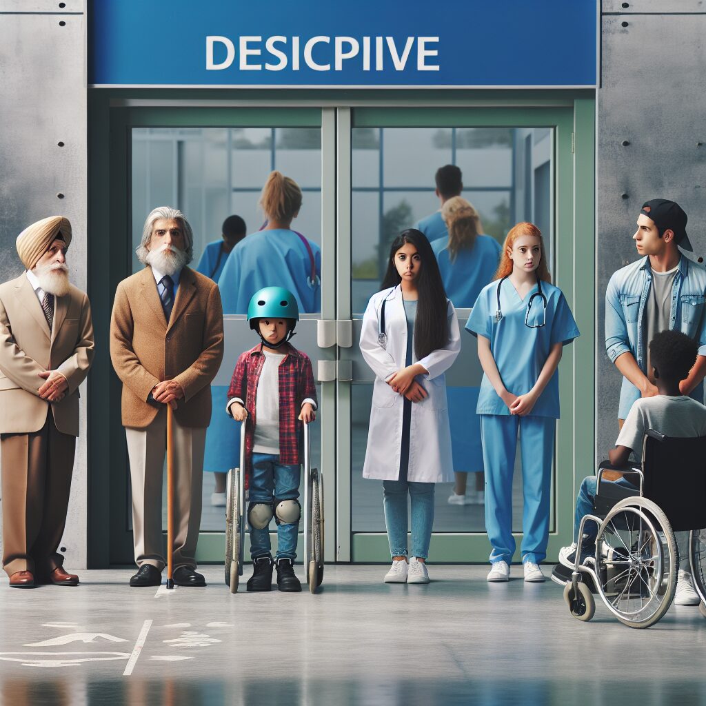 A diverse group of people facing closed hospital doors, symbolizing discrimination in healthcare, with various ages, genders, and ethnic backgrounds.