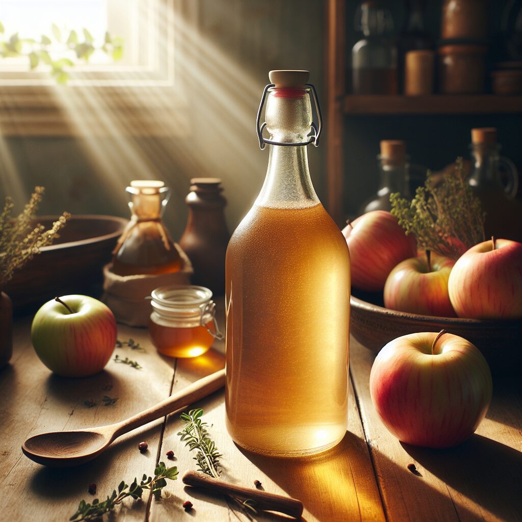 A rustic bottle of apple cider vinegar set on a wooden kitchen table surrounded by fresh apples and a small wooden spoon. The scene is bathed in warm, natural light, highlighting the golden hue of the vinegar. A light background with hints of a traditional kitchen ambiance, including herbs and spices, suggests a natural and wholesome lifestyle.
