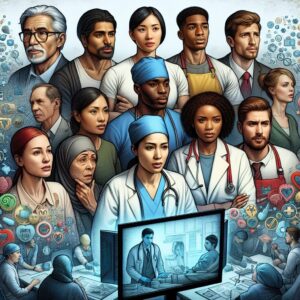 An illustrative image showing a mixed group of workers from different industries, appearing concerned as they watch a documentary on professional diseases, with an overlay of medical symbols and preventive measures iconography.