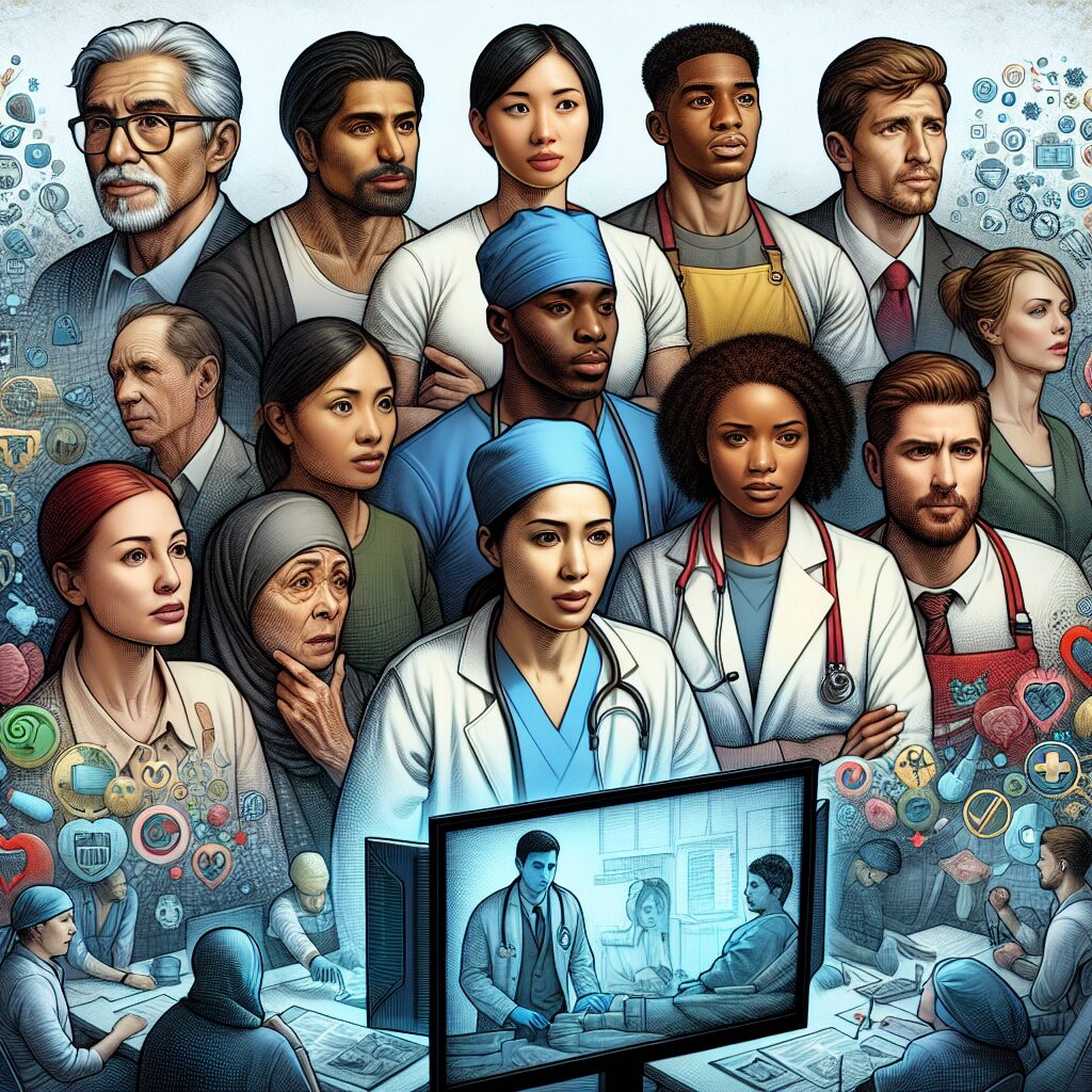 An illustrative image showing a mixed group of workers from different industries, appearing concerned as they watch a documentary on professional diseases, with an overlay of medical symbols and preventive measures iconography.
