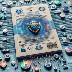 A digital illustration of a secure official form with holographic stickers, magnetic ink, and other security features, surrounded by icons representing healthcare, security, and digital communication, symbolizing the modernized secure procedure of work stoppages starting July 2025.