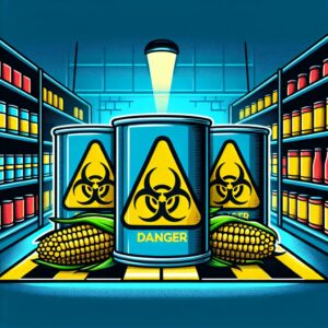 Illustration montrant des boîtes de maïs avec des signes de danger ou d'avertissement, représentant un rappel de produit en supermarché, ambiance inquiétante, couleurs vives contrastant avec des tons sombres pour mettre en évidence le risque.