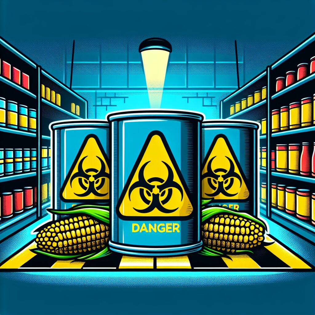 Illustration montrant des boîtes de maïs avec des signes de danger ou d'avertissement, représentant un rappel de produit en supermarché, ambiance inquiétante, couleurs vives contrastant avec des tons sombres pour mettre en évidence le risque.