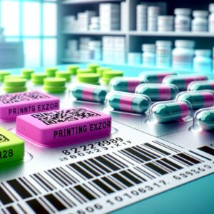 A close-up of multiple colorful medication blister packs, with one pack visibly highlighted to indicate a printing error, in a bright pharmacy setting, reflecting the issue of medication recall.