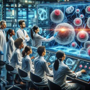 A futuristic depiction of scientists in a modern laboratory, focused on a glowing monitor displaying a 3D model of cancer cells being attacked by immune cells. Bright, high-tech setting with medical equipment in the background.