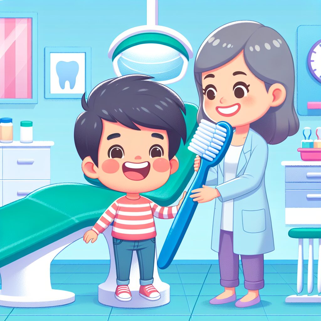 Illustration d'un jeune enfant souriant chez le dentiste, avec une brosse à dents géante dans une salle colorée et accueillante, symbolisant les soins dentaires préventifs pour les enfants et jeunes adultes.