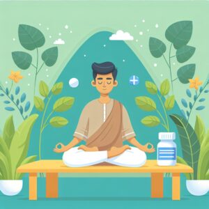 Illustration d'une personne méditant paisiblement dans un environnement serein avec des plantes autour, reflétant un esprit calme et une ambiance relaxante. Un flacon de médicaments est posé sur une table à proximité, symbolisant l'usage réfléchi des traitements.