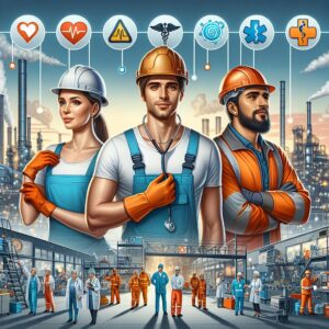 A documentary scene showing three diverse workers in a workplace setting, highlighting the theme of occupational illnesses. Includes elements like work safety gear, medical symbols, and a background illustrating an industrial environment. Mood: educational and enlightening.