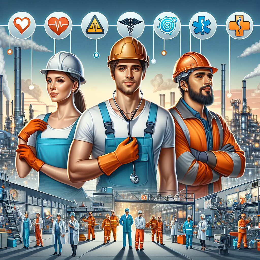 A documentary scene showing three diverse workers in a workplace setting, highlighting the theme of occupational illnesses. Includes elements like work safety gear, medical symbols, and a background illustrating an industrial environment. Mood: educational and enlightening.