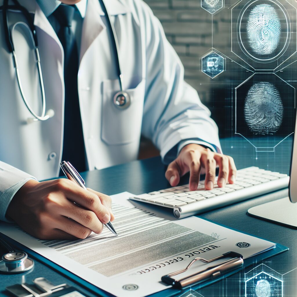 A medical office setting with a doctor holding a secure-looking document with holographic and magnetic features, symbolizing a new standardized procedure to prevent fraud, in a digital and professional style.