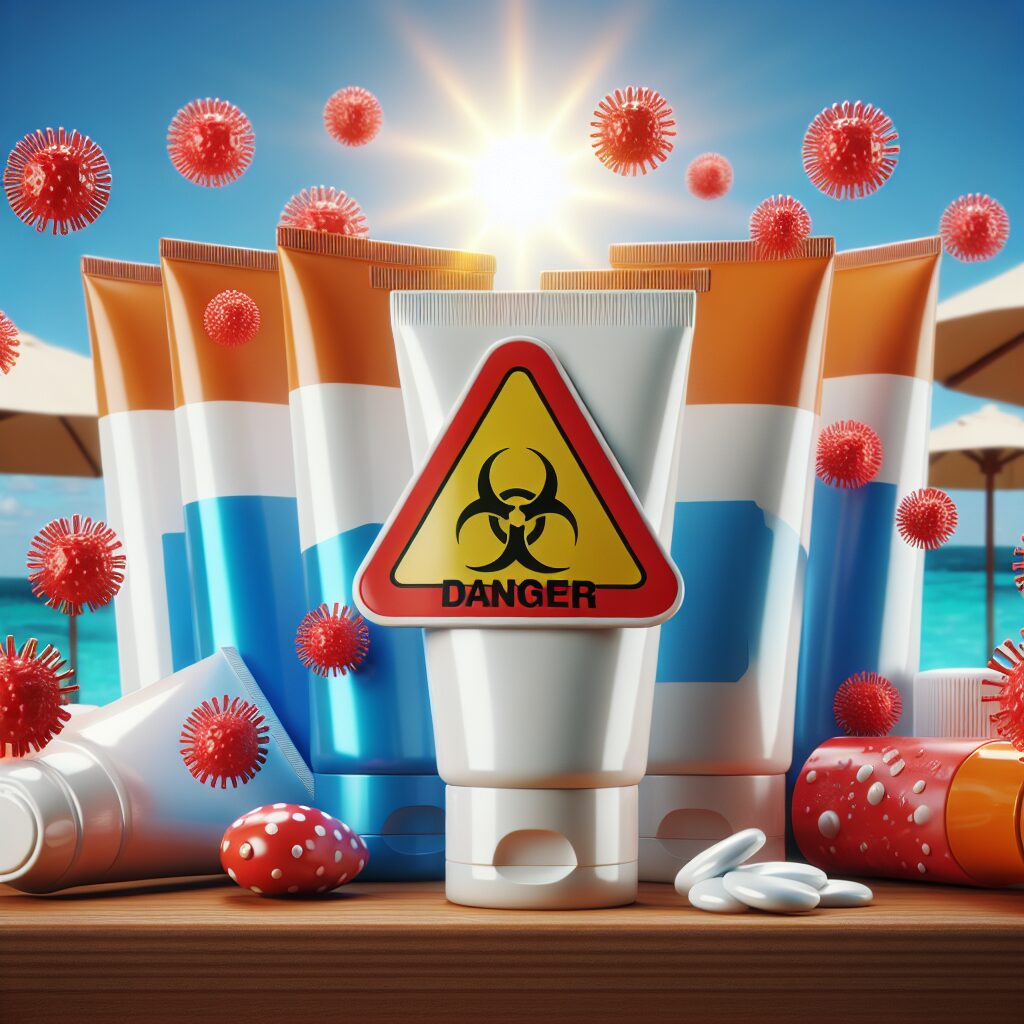Alerte sanitaire avec des crèmes solaires et un sceau rouge de danger. Le ciel est ensoleillé, et des tubes de crème solaire sont disposés en premier plan, certains avec un signe de bactérie visible. Le fond doit évoquer une pharmacie ou un rebord de piscine d'été, évoquant une atmosphère de vacances.