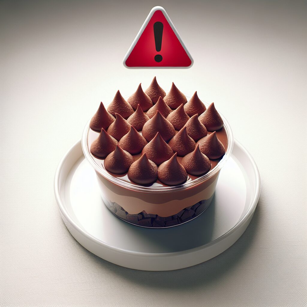 A visually impactful scene of chocolate mousse pots on a white table, with a red 'alert' symbol, showing a sense of caution and health warning. The focus is on the chocolate mousse with a subtle warning vibe, ideal for a news article about a health hazard.