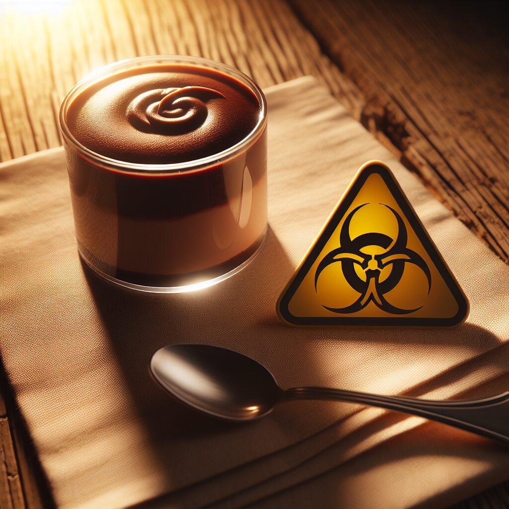 A comforting image of chocolate mousse placed on a wooden kitchen table, with a warning sign symbolizing potential contamination, soft lighting and warm tones to convey a feeling of caution and alert.