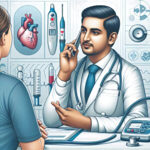Illustration showing a healthcare professional on a phone call with a patient, set in a clinical setting with imagery related to diabetes and heart failure, focusing on communication and healthcare management.