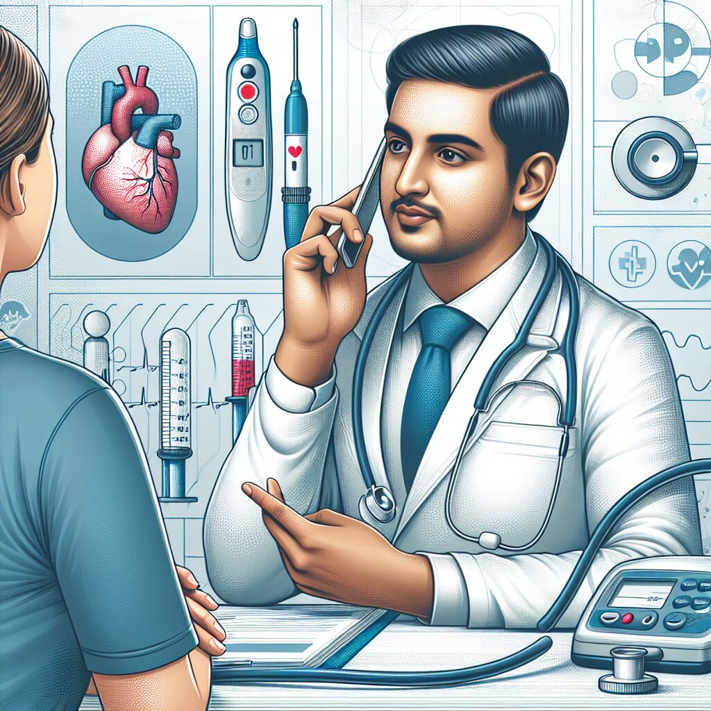 Illustration showing a healthcare professional on a phone call with a patient, set in a clinical setting with imagery related to diabetes and heart failure, focusing on communication and healthcare management.