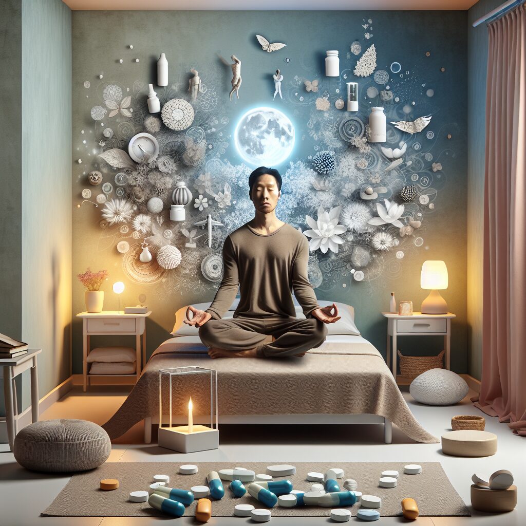 Visual depiction of anxiety and insomnia, with a blend of calming elements like a peaceful bedroom setting, a person meditating, and medication pills subtly placed, highlighting both the struggle and potential solutions.