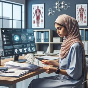 An illustrative image of a concerned patient carefully reviewing medical bills and documents, with a computer showing a healthcare platform, set in a medical office environment.
