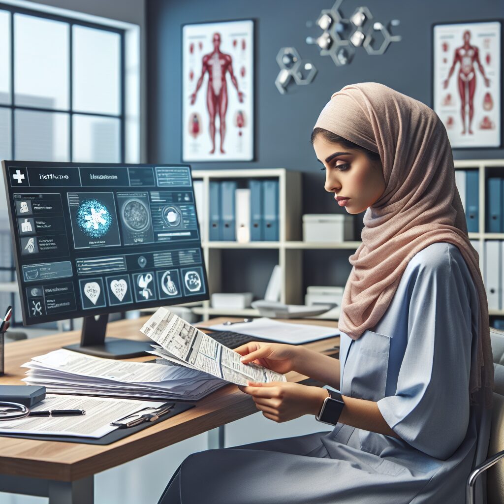 An illustrative image of a concerned patient carefully reviewing medical bills and documents, with a computer showing a healthcare platform, set in a medical office environment.