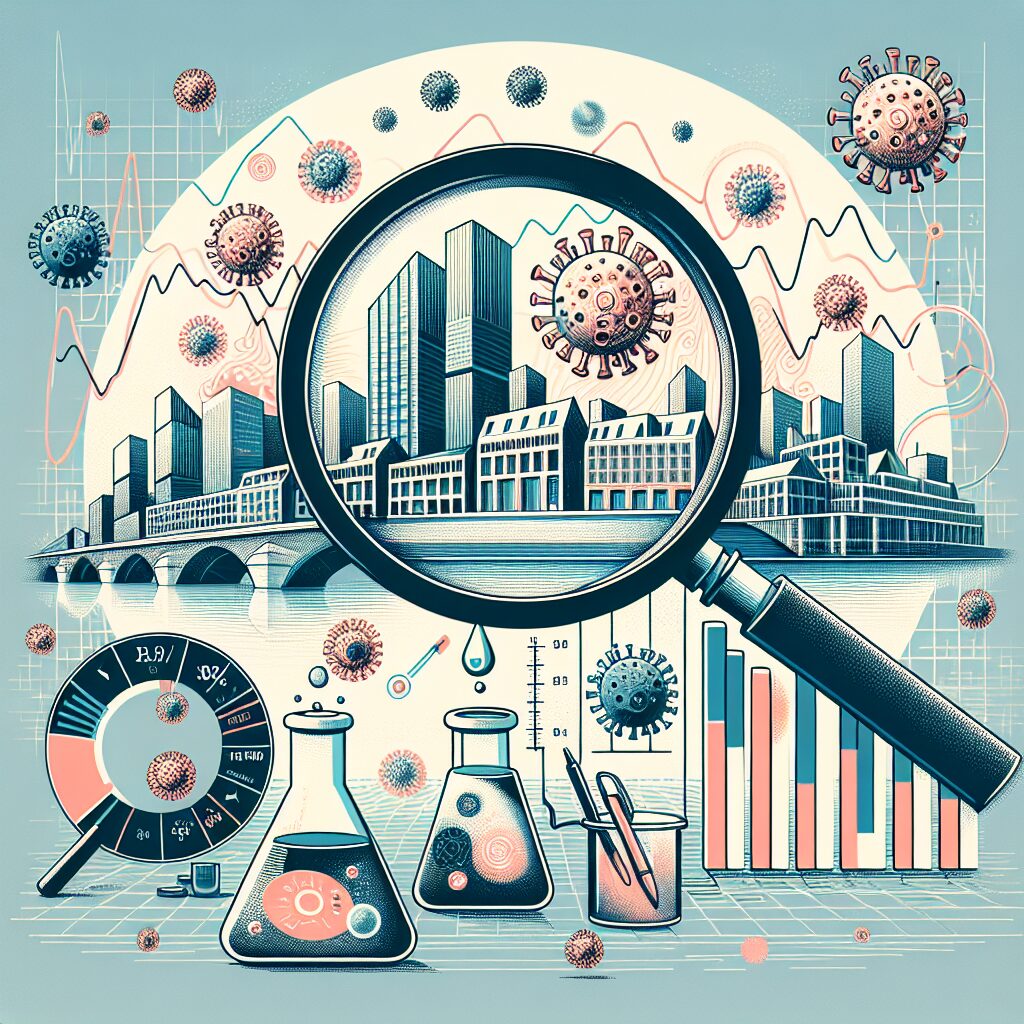 A detailed illustration of a modern European city skyline with a scientific overlay, symbolizing virus detection in wastewater. The image should convey a sense of vigilance and public health monitoring, using visual elements like magnifying glass and data graphs.