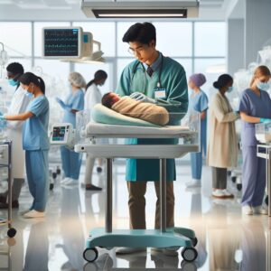 A neonatal specialist examining a newborn in a modern maternity ward, focusing on advanced medical equipment and attentive healthcare professionals.