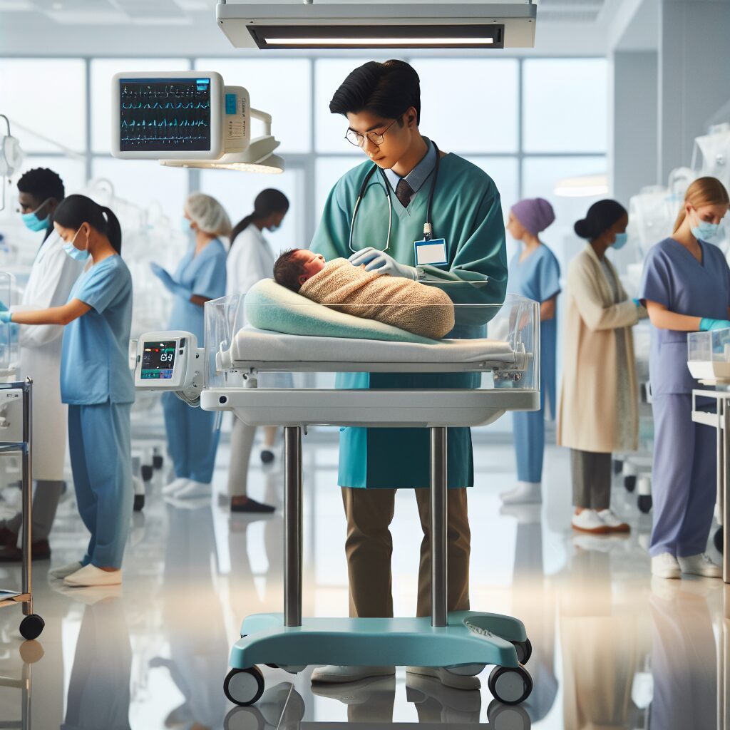 A neonatal specialist examining a newborn in a modern maternity ward, focusing on advanced medical equipment and attentive healthcare professionals.