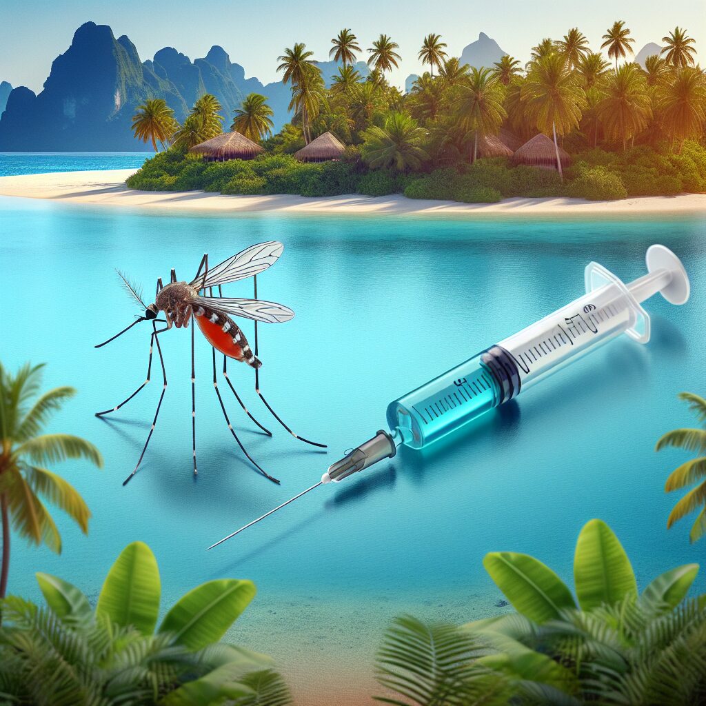 An illustrated image featuring a syringe and a mosquito, symbolizing the chikungunya virus, with a focus on a tropical island backdrop, indicative of La Réunion.