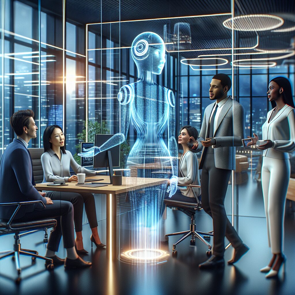 A futuristic office setting with diverse employees interacting with a virtual assistant displayed on a screen or hologram, symbolizing artificial intelligence enhancing workplace well-being.