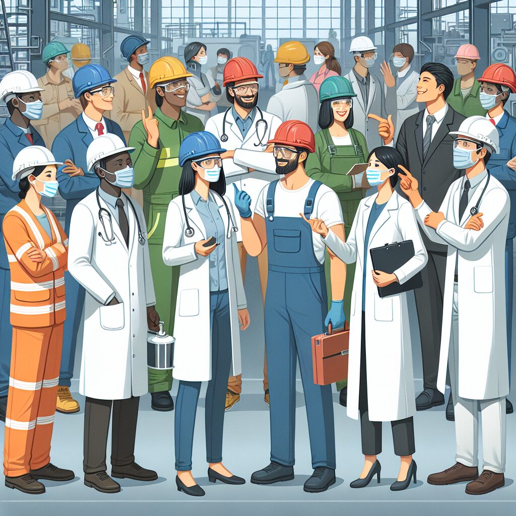 An illustrative image showing a diverse group of workers across different professions wearing protective gear and interacting in a factory or office setting, symbolizing awareness and prevention of occupational diseases.