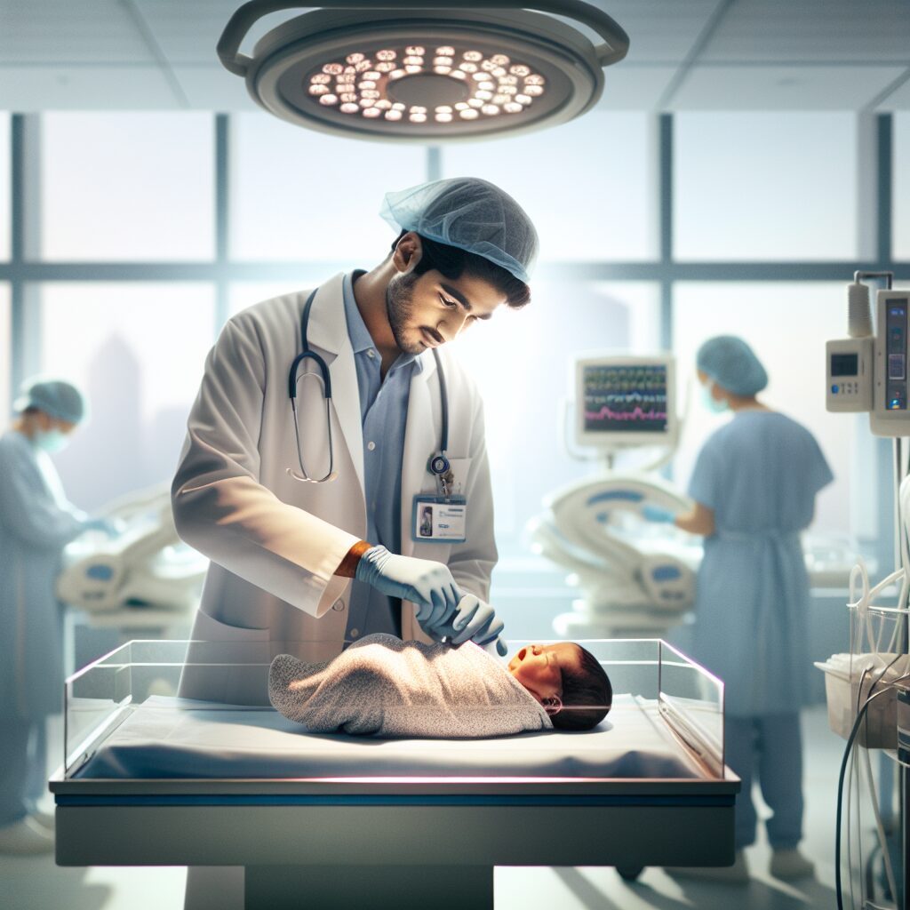 A neonatal health professional carefully examining a newborn baby in a French hospital, symbolizing care and early disease detection. The setting is modern, with soft natural lighting, and the baby is the focal point, conveying a sense of hope and advanced medicine.