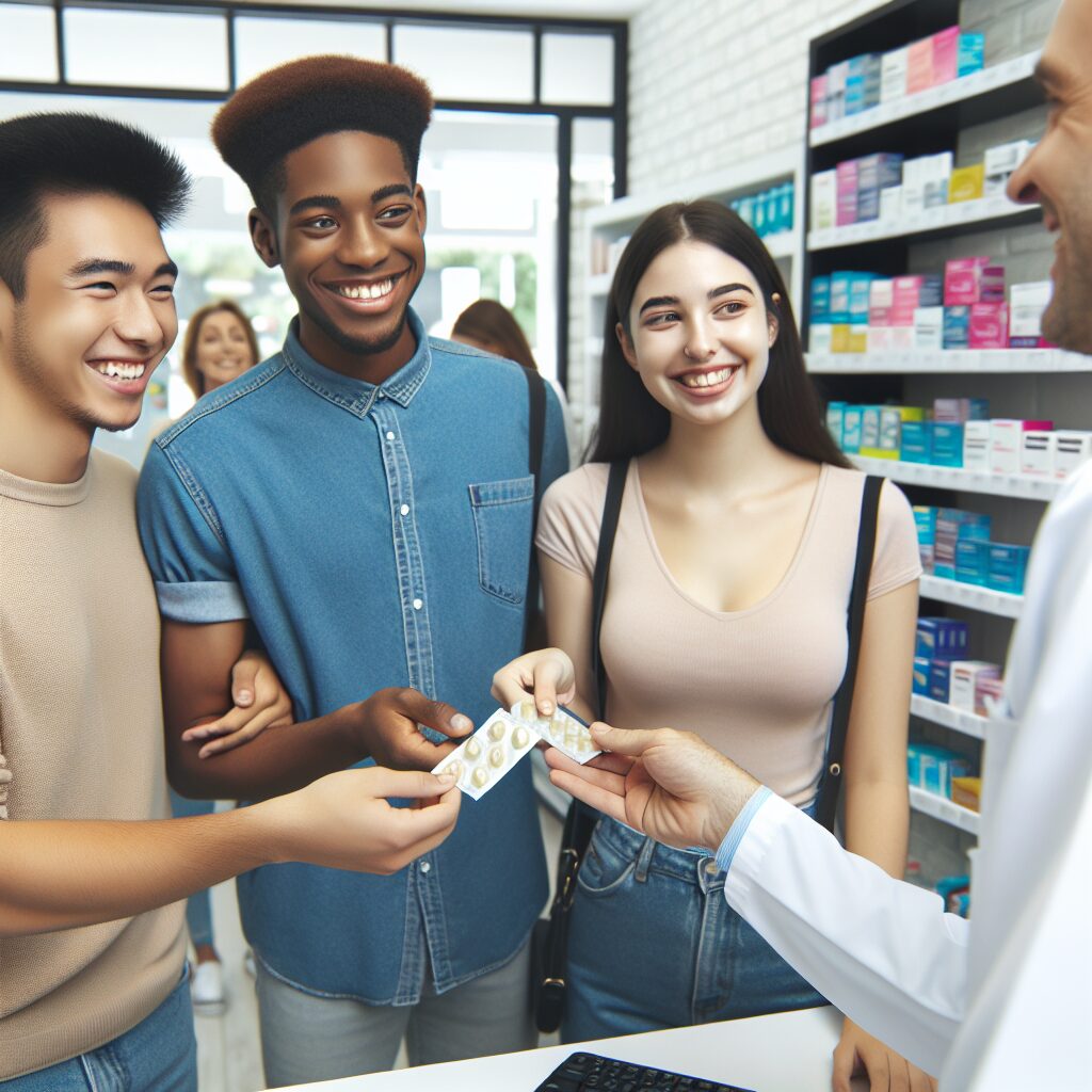 Jeunes adultes heureux recevant des préservatifs gratuits dans une pharmacie moderne, symbolisant la santé et la prévention.