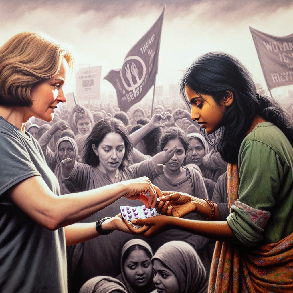 A powerful and emotional image of two women, one handing over a package of pills to another, set in a background that suggests a protest or a solidarity gathering, with banners symbolizing women's rights and empowerment.