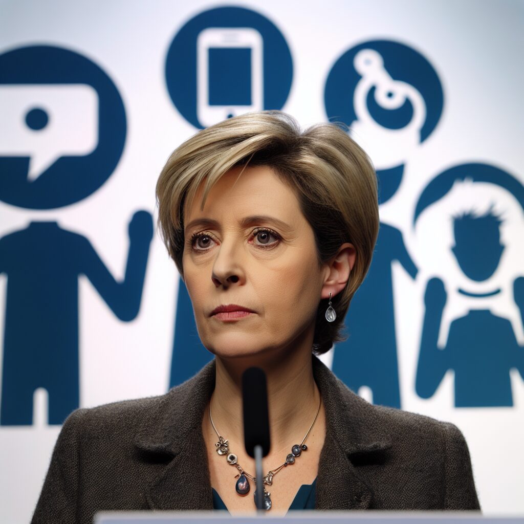 Clara Chappaz, ministre française en charge du numérique, s'exprimant avec détermination lors d'une conférence de presse. Image montrant une femme politique avec un arrière-plan symbolisant les réseaux sociaux et la protection de la jeunesse, comme des logos d'applications et des silhouettes d'adolescents avec des smartphones.