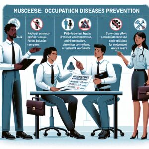 A detailed illustration showing a diverse group of people in a modern workplace setting, highlighting potential hazards that could lead to occupational diseases. Include elements like safety charts, medical consultations, and preventative measures being discussed.