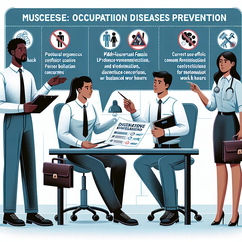 A detailed illustration showing a diverse group of people in a modern workplace setting, highlighting potential hazards that could lead to occupational diseases. Include elements like safety charts, medical consultations, and preventative measures being discussed.