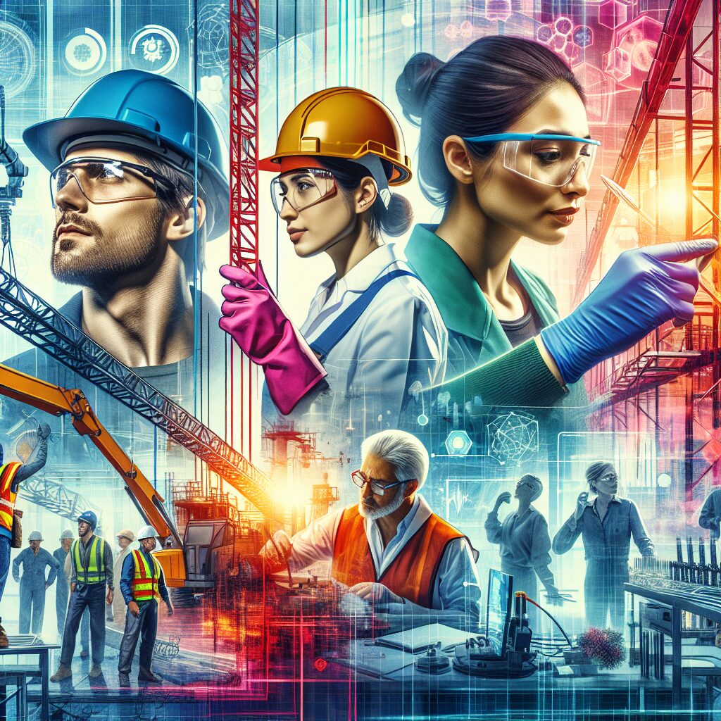 A thoughtful documentary scene depicting workers in various industries, focusing on their health and safety precautions, with an overlay of expert analysis, showing a blend of emotion and information.