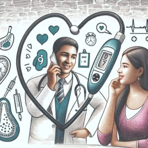 A supportive healthcare theme illustrating a phone call between a doctor and a patient, symbolizing care and prevention for chronic illnesses like diabetes and heart failure.