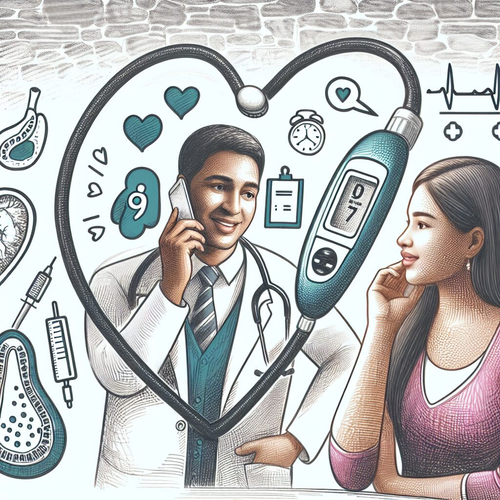 A supportive healthcare theme illustrating a phone call between a doctor and a patient, symbolizing care and prevention for chronic illnesses like diabetes and heart failure.