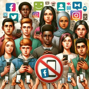 Illustration représentant des adolescents avec des smartphones, entourés de symboles de réseaux sociaux, avec un grand signe d'interdiction placé devant. Style réaliste, tons modérés, pour une ambiance sérieuse et éducative.