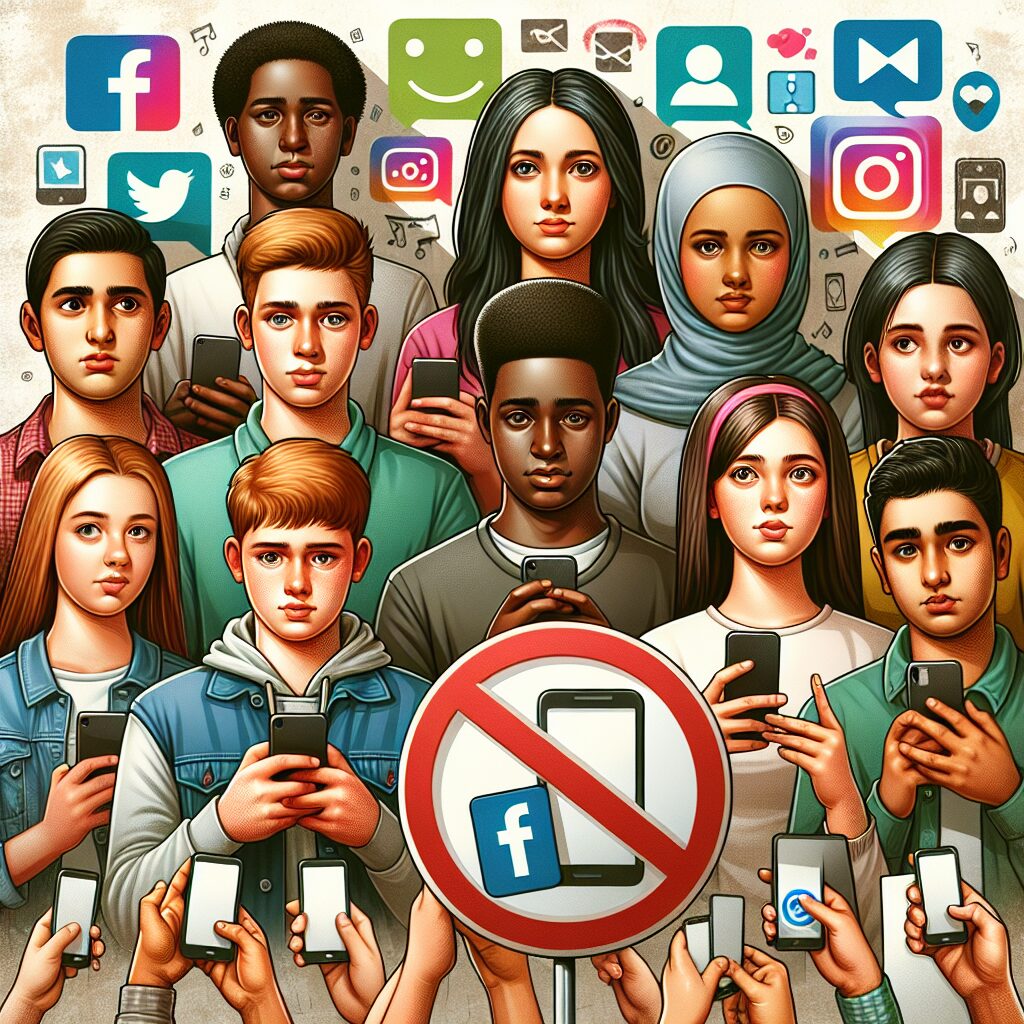 Illustration représentant des adolescents avec des smartphones, entourés de symboles de réseaux sociaux, avec un grand signe d'interdiction placé devant. Style réaliste, tons modérés, pour une ambiance sérieuse et éducative.