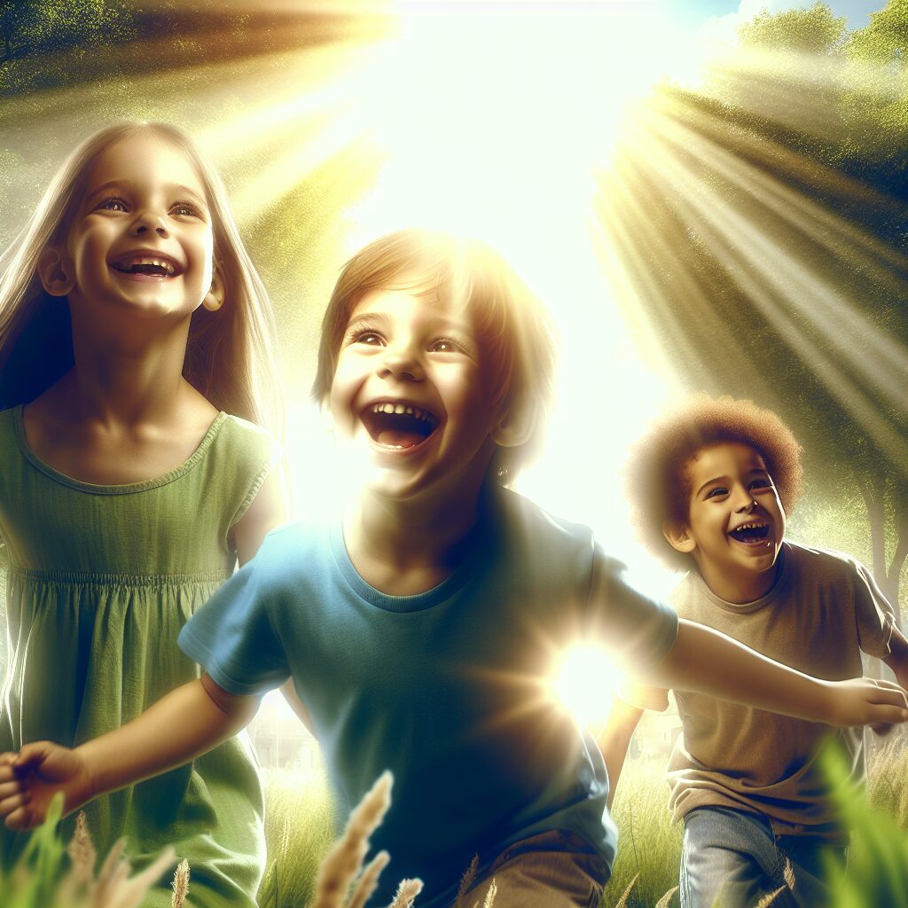 A group of three young children, smiling and energetic, playing in a park. They are of diverse ethnic backgrounds, showing their visible recovery from illness. The image should convey hope, joy, and vibrant health, with a sunny, cheerful atmosphere and green surroundings.