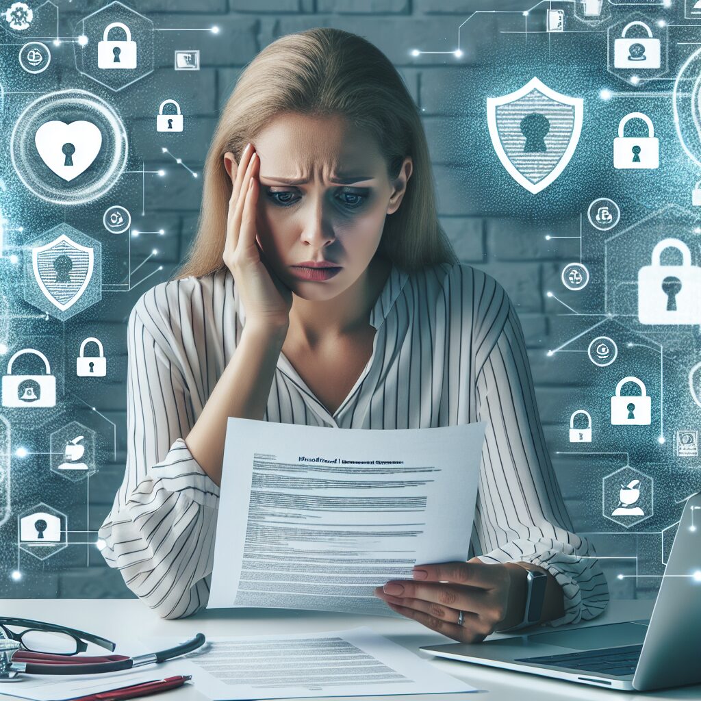 An image depicting a concerned individual looking at a medical reimbursement statement, with icons of technology and security to represent online fraud detection and prevention.