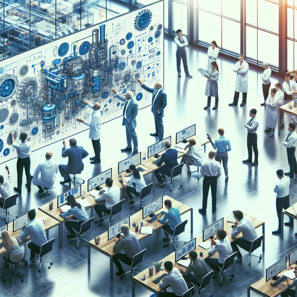 A thoughtful and insightful scene depicting a group of employees in a modern office or industrial workplace, attentively watching a documentary about occupational diseases. The atmosphere is educational and focused, with an expert explaining preventive measures using visual aids. The setting should convey a sense of learning and awareness, highlighting both the working environment and health professionals engaging with the workers.