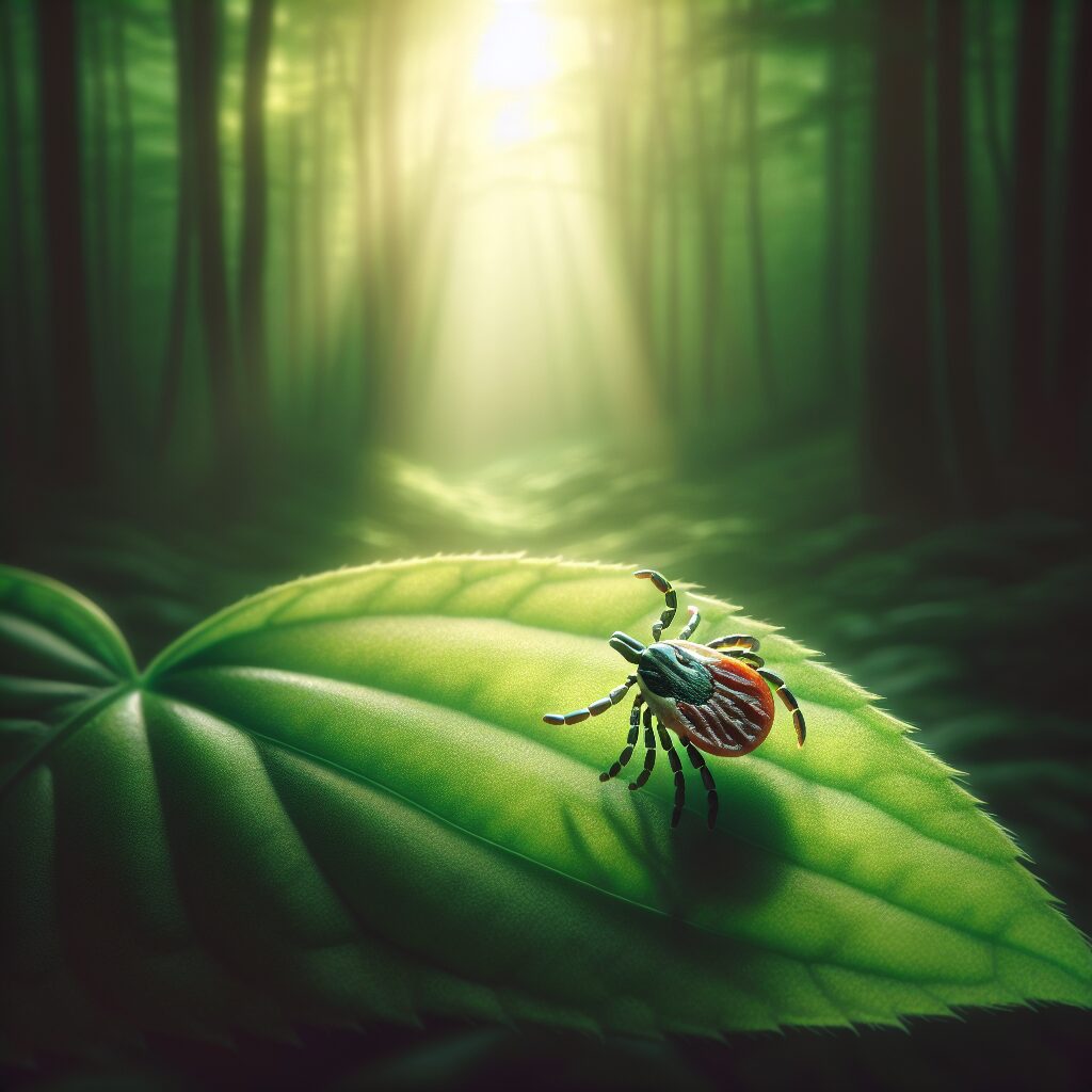 A small tick crawling on a fresh green leaf, set in a forest background with soft, natural lighting. The tick is detailed and the focus is on its tiny legs and body, highlighting its potential danger. The image evokes a sense of vigilance and awareness.
