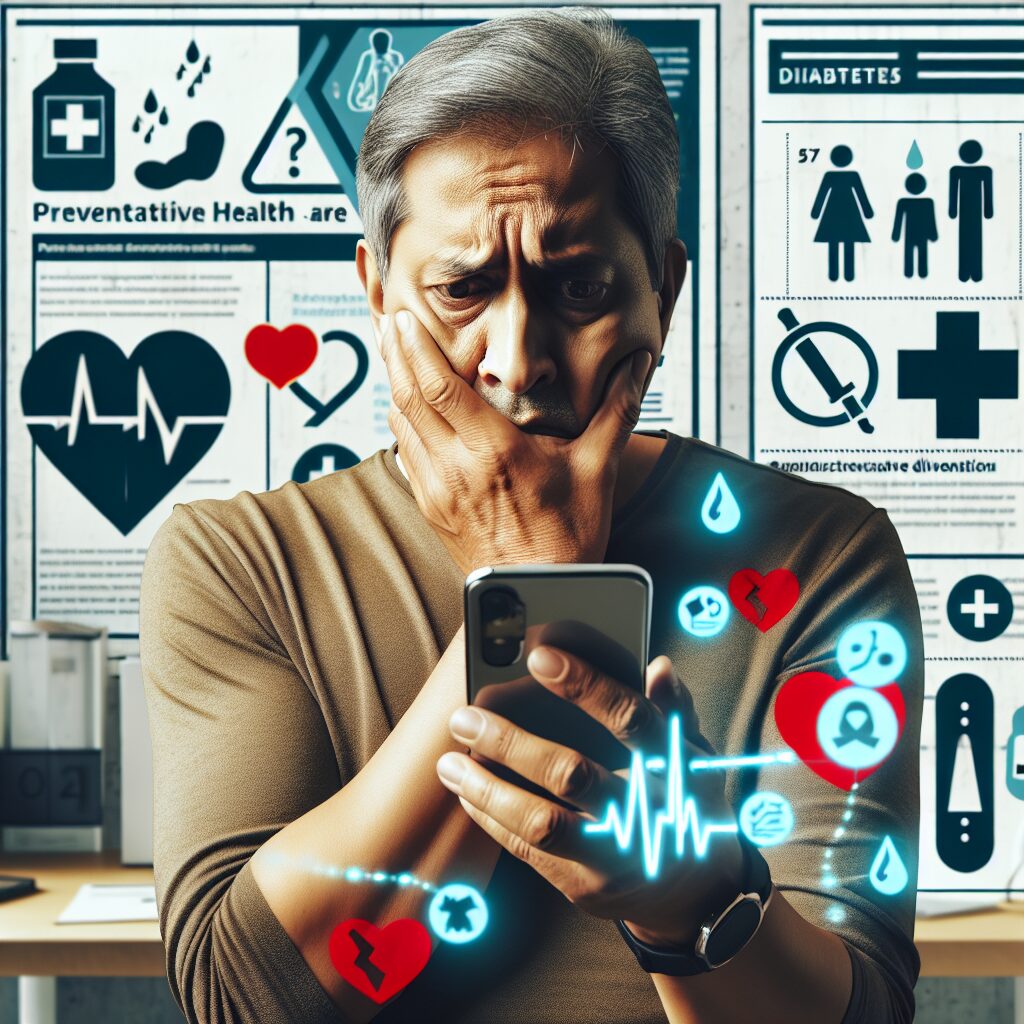 A worried middle-aged person holding a phone, with a healthcare background, showing symbols of diabetes and heart disease, representing a proactive health initiative.