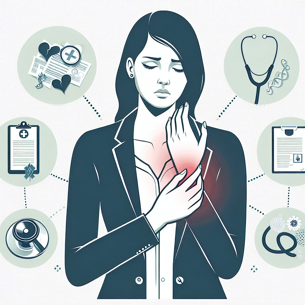 Illustration montrant un employé de bureau tenant sa main douloureuse, entouré d'icônes symbolisant la santé et la prévention, comme des stéthoscopes et des documents d'assurance.